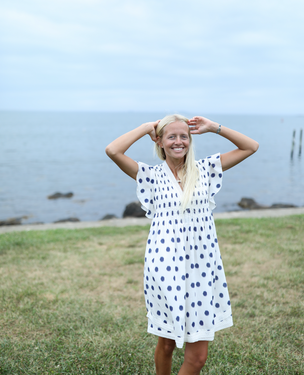 navy and cream polka dot dress Cream & navy polka dot sleeveless dress LARGE