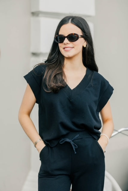 Terry Cap Sleeve Top – Black