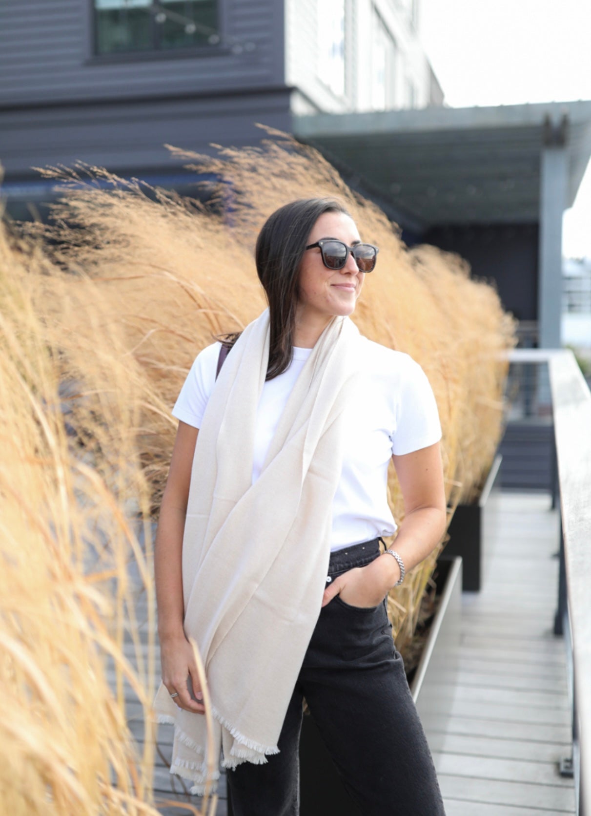 Cashmere Wrap - Off White Herringbone