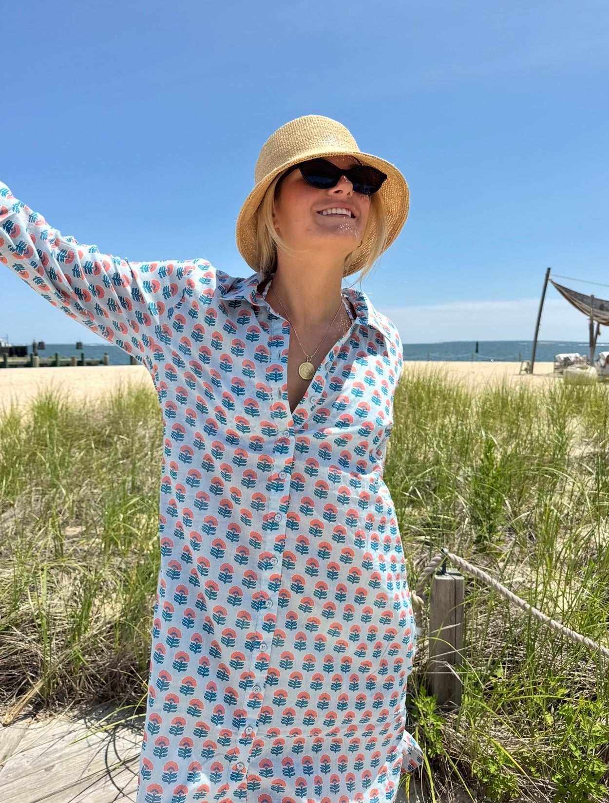 Sara Short Tunic Coverup - Blue Blockprint