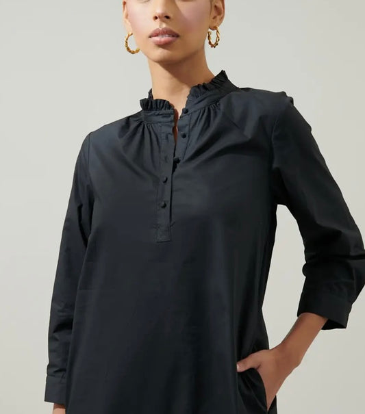 Collared Shirt Dress - Black