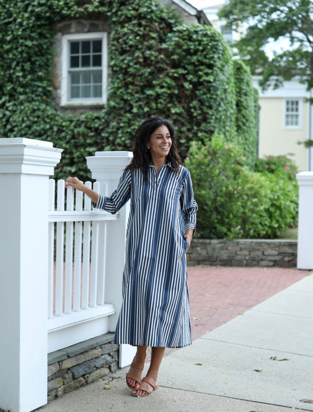navy and green striped dress Navy Contrast Stripe Trim V Neck Puff Sleeve Dress