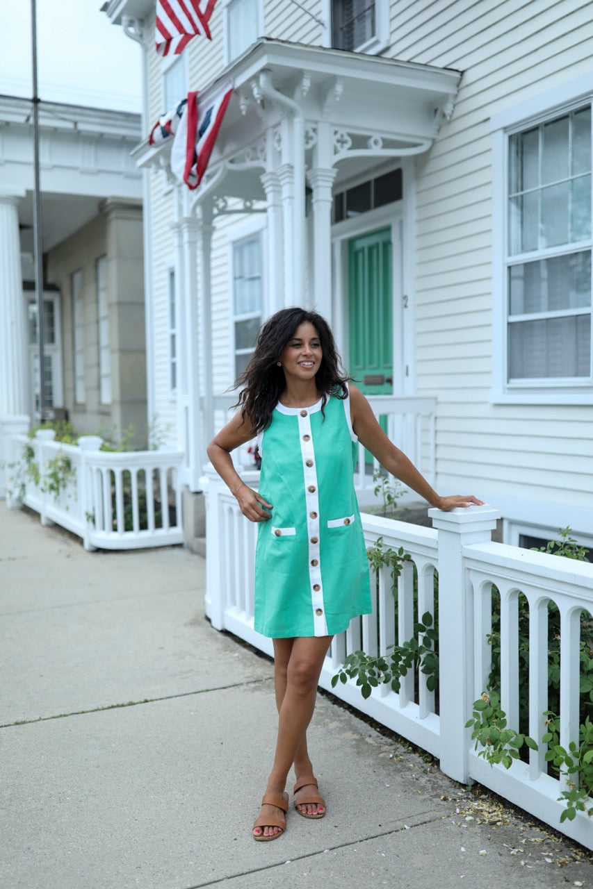 Erin Shift Dress - Green with White