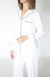 Jane Pajama Pant Set - White with Navy Piping