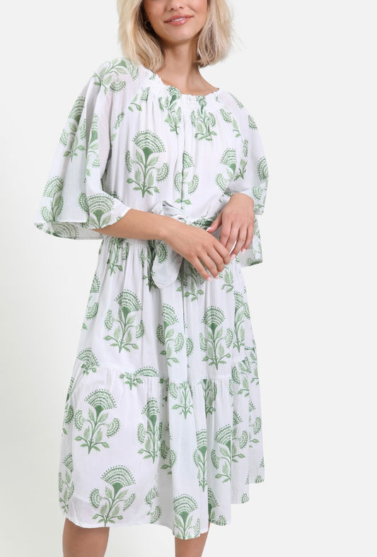 Lizzy Dress - Green Block Print
