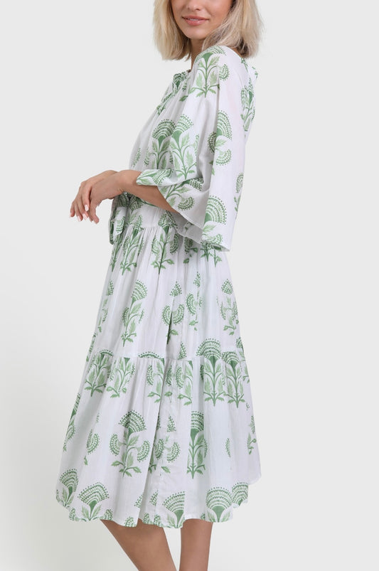 Lizzy Dress - Green Block Print
