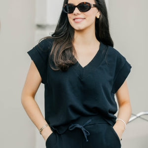 Photo of Terry Cap Sleeve Top - Black. Click to view.