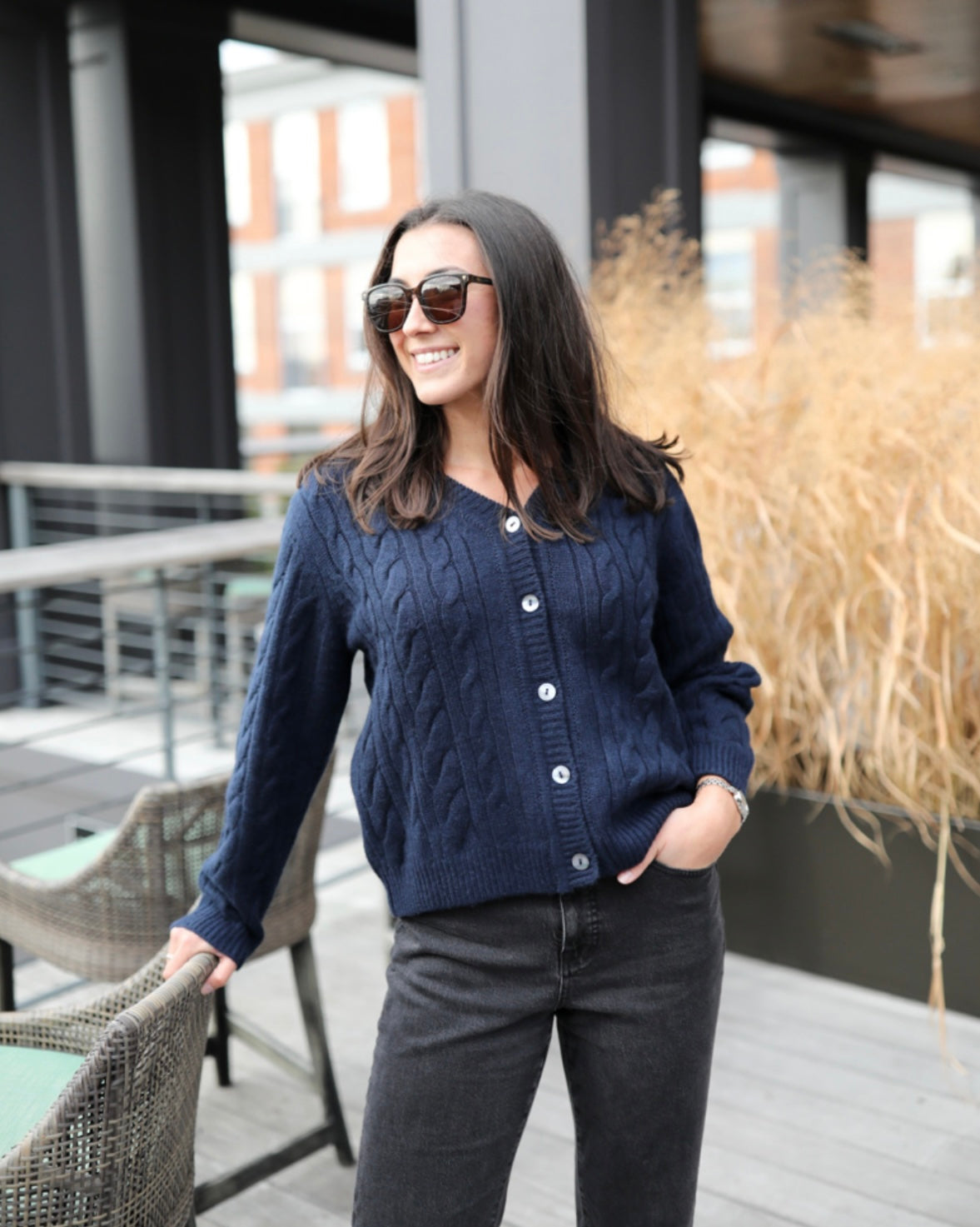 Camille Cable Cashmere Cardigan - Navy
