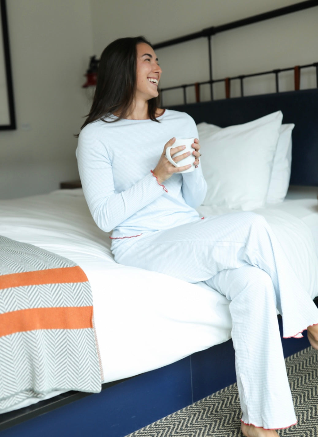 Pima Long Pajama Set - Light Blue Stripe