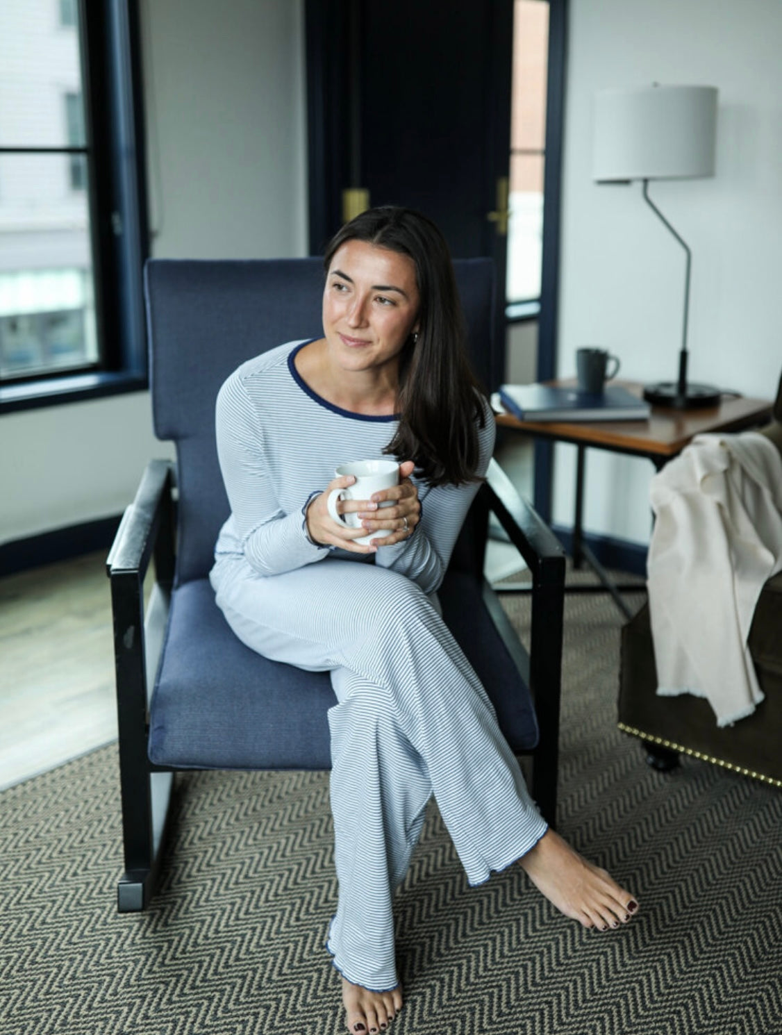 Pima Long Pajama Set - Navy Stripe