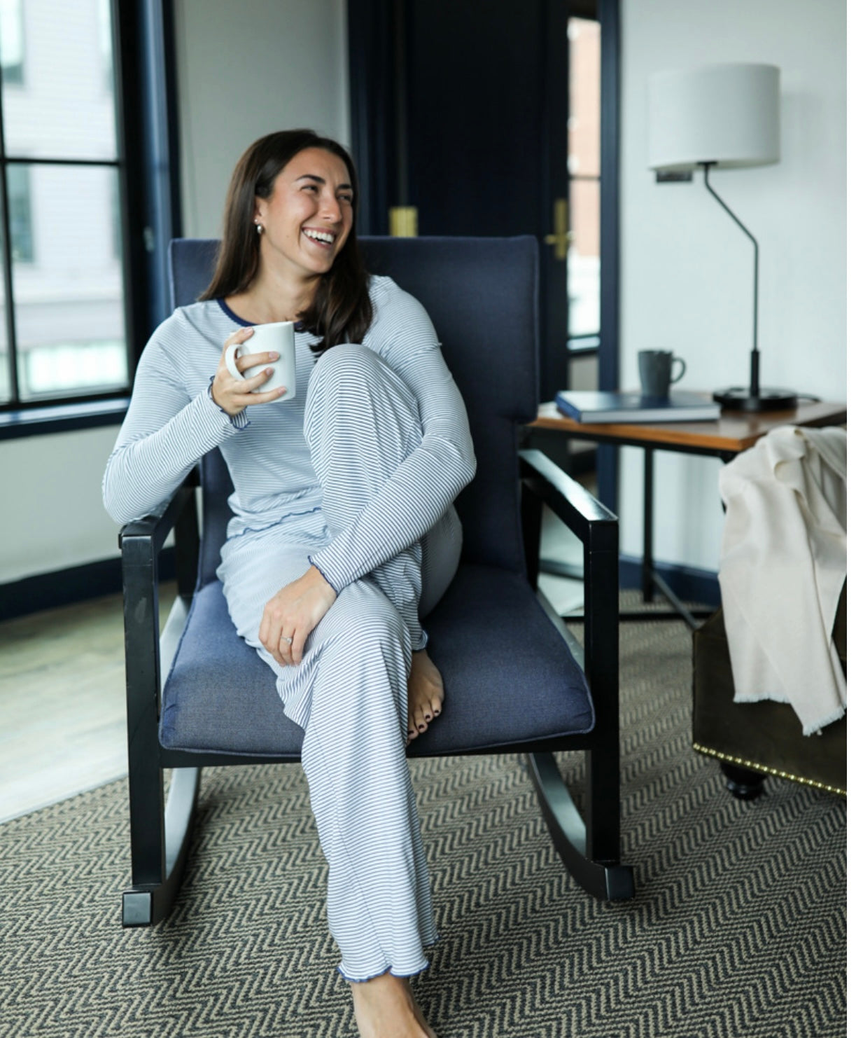 Pima Long Pajama Set - Navy Stripe