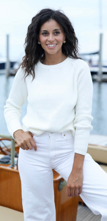 Cream Cotton Fisherman Crewneck Sweater