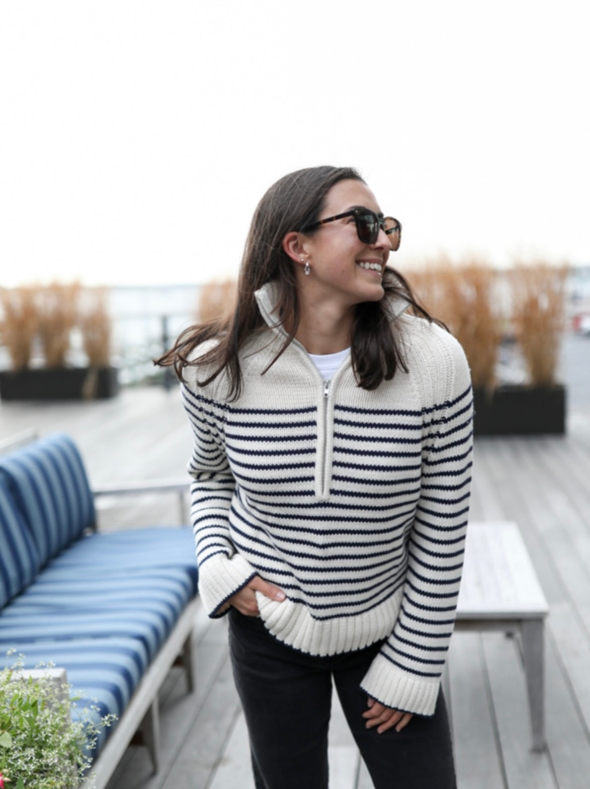 Quarter Zip Sweater - Navy Stripe