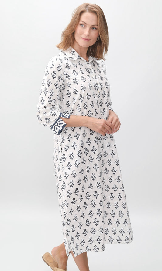 Sara Dress - Navy Small Block Print
