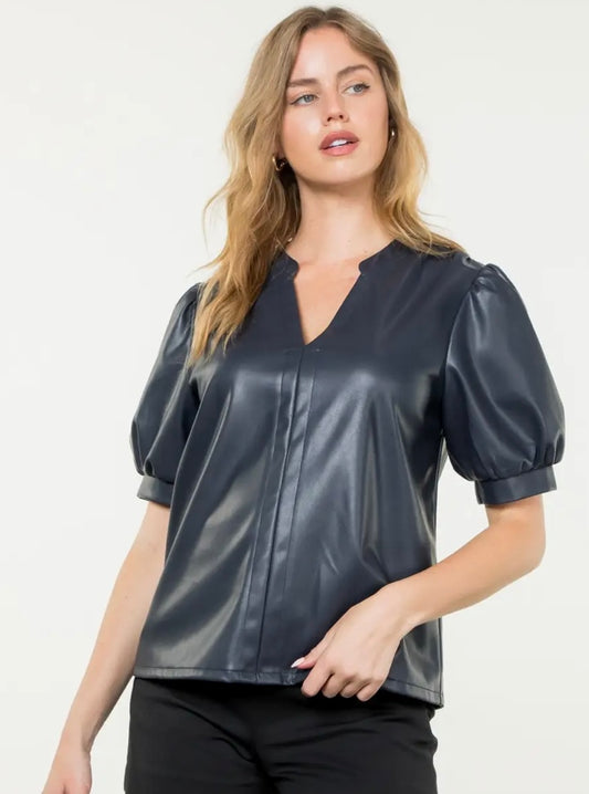 Puff Sleeve Faux Leather Top – Navy