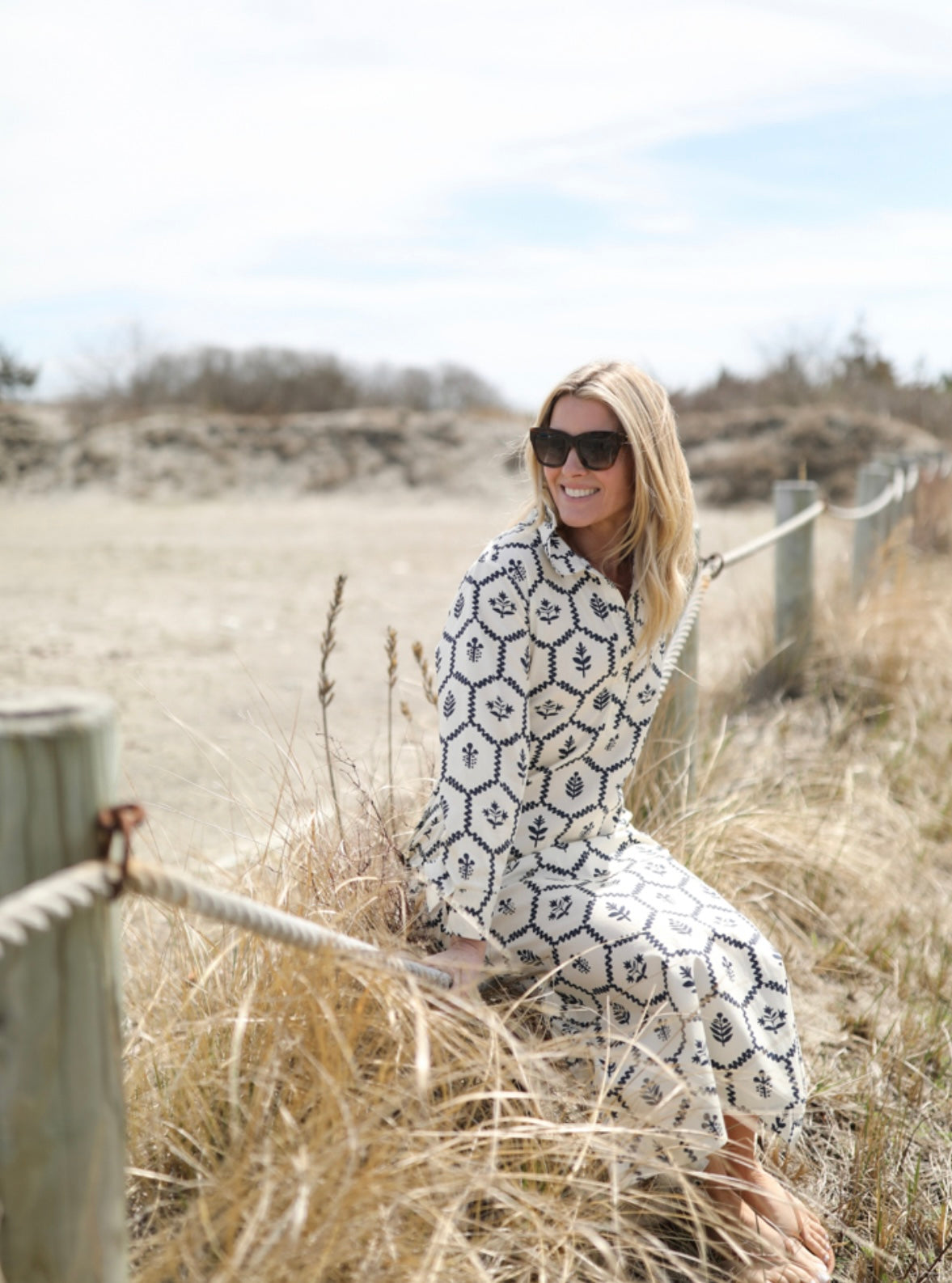 Sara Dress - Navy Flower Stamp