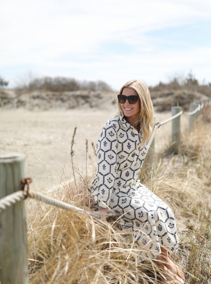 Sara Dress - Navy Flower Stamp