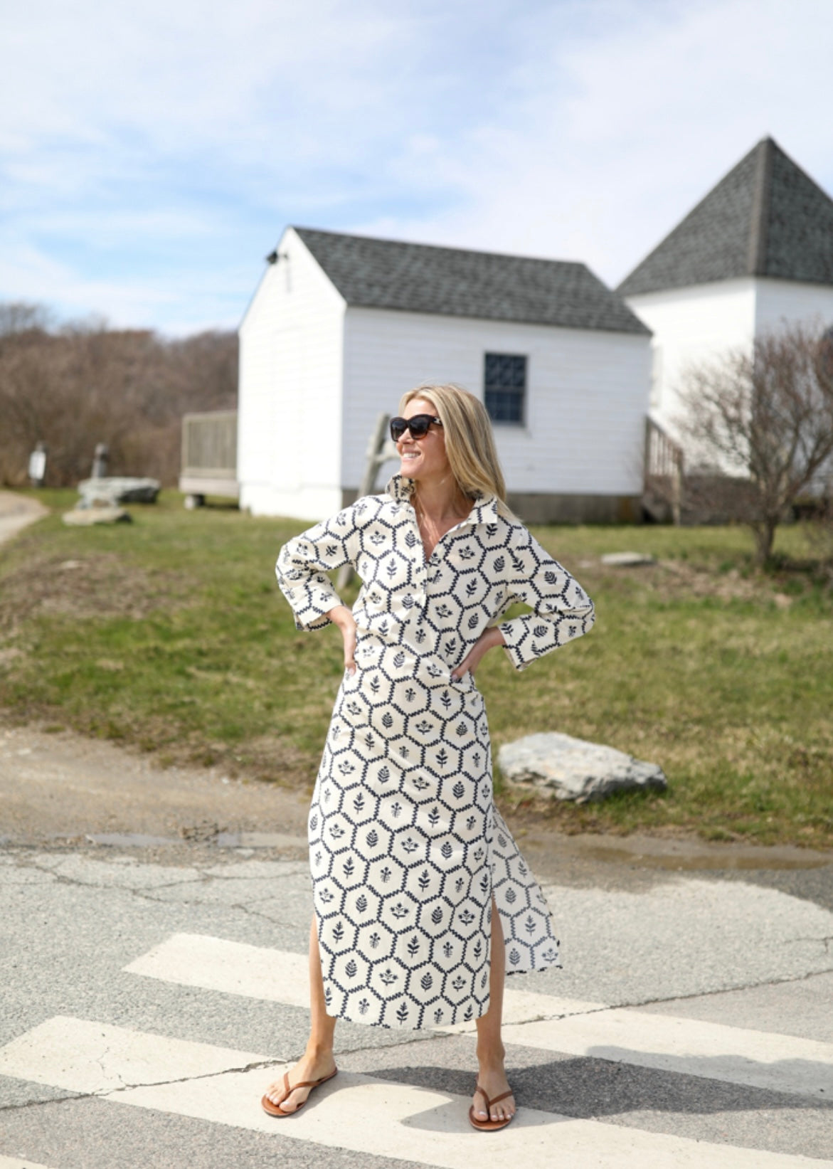 Sara Dress - Navy Flower Stamp