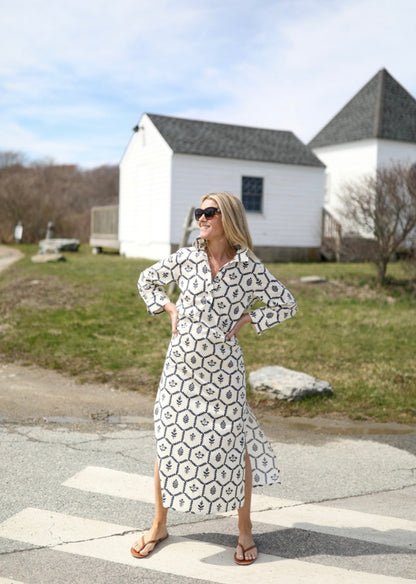 Sara Dress - Navy Flower Stamp