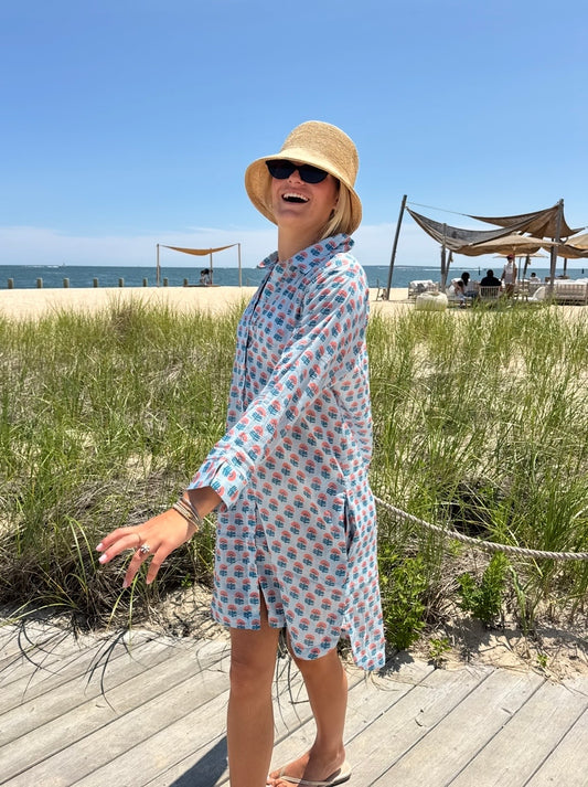 Sara Short Tunic Coverup - Blue Blockprint