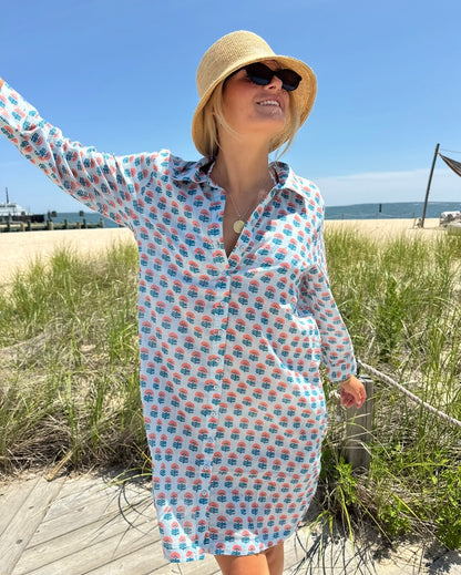 Sara Short Tunic Coverup - Blue Blockprint