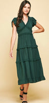 Ruffled Tea Length Dress - Hunter Green