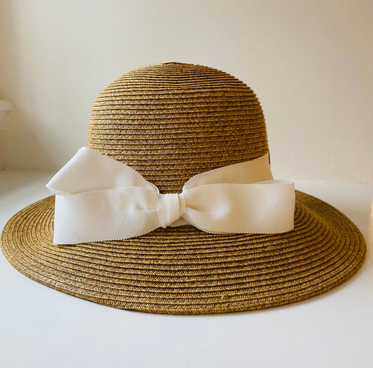 Packable Straw Sun Hat with White Grosgrain Bow