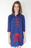 Camille Embroidered Tunic Dress - Navy with Red Embroidery